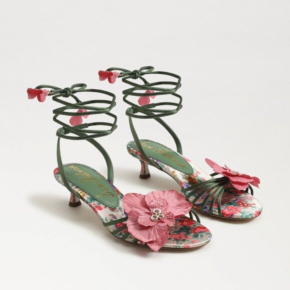 Like new Sam Edelman Carla Sandal in Green Agave floral lace up strappy kitten - Picture 1 of 13